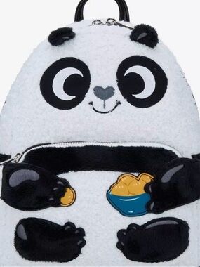 Loungefly Kung Fu Panda Plush Sherpa Backpack in White & Black with Silver Zip
